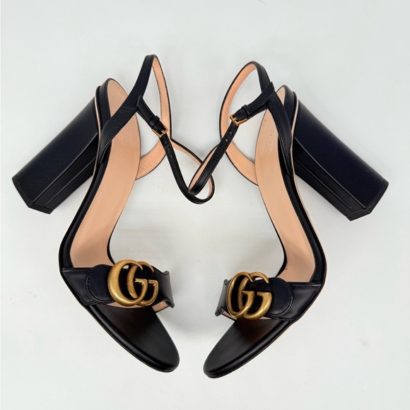 Gucci Black Leather Marmont GG logo Ankle strap block heel sandals EU 37.5 US7.5 - Picture 6 of 9